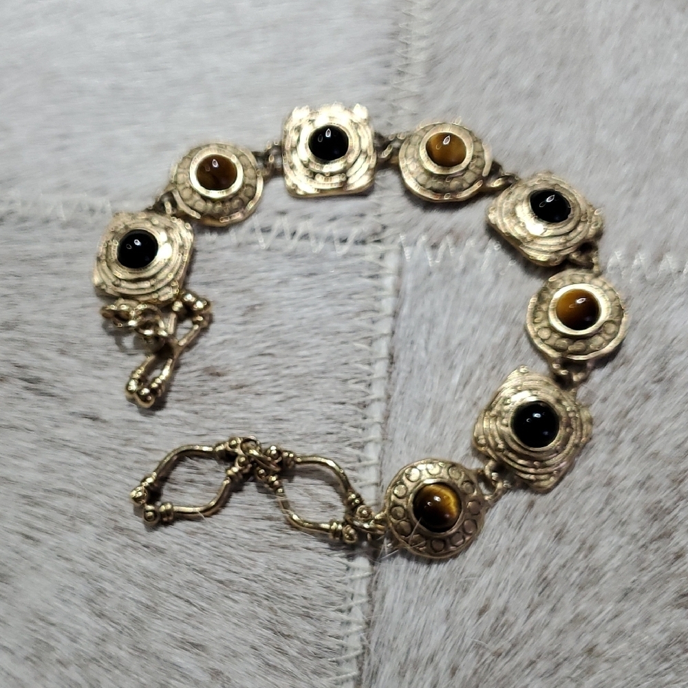 Vintage Gold Tone and Black Bracelet W Tiger Eye Gems